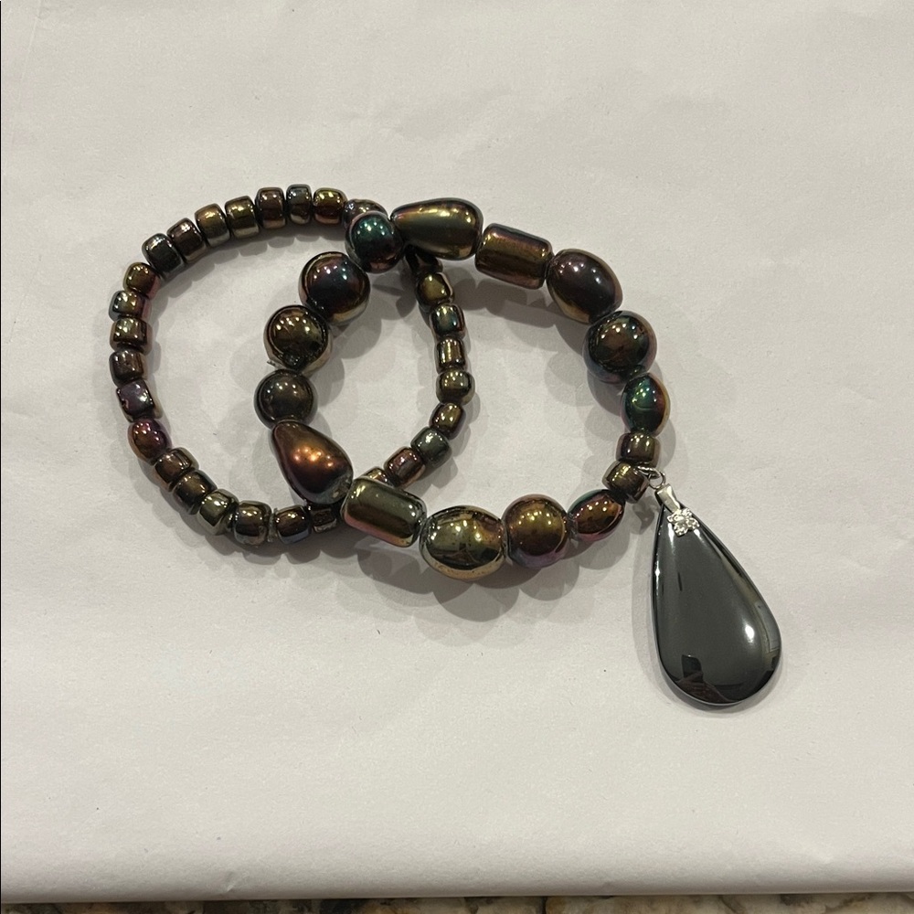 Handmade Hematite Beaded Stretch Bracelet Set Black Iridescent Gemstone Jewelry